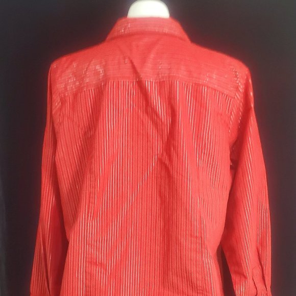 Red with Silver/BLK.Vertical Stripes Fashion Bug Woman's Button Up Blouse SZ. 1X - Picture 6 of 10